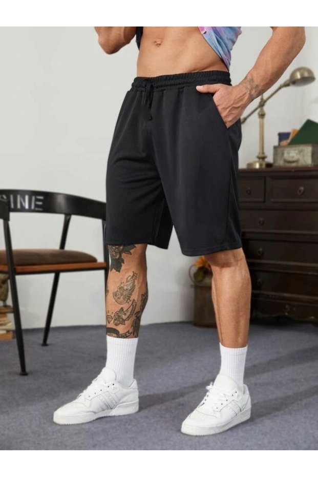 Unisex Black Shorts with Lace-up Waist Pocket