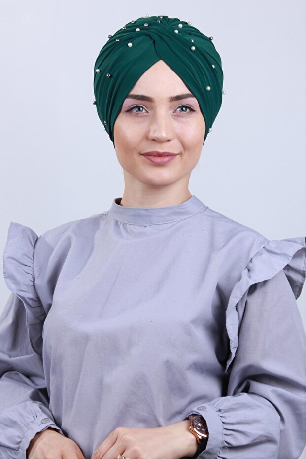 Women's Hijab Pearl and Stoned Vera Outer Bonnet Emerald Green
