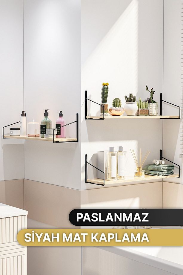 Mutfak Rafı Duvar Rafı Siyah Mat Boyalı Masif Ahşap Raf 2li Set Lüks Dekoratif Banyo Antre Rafı - 7