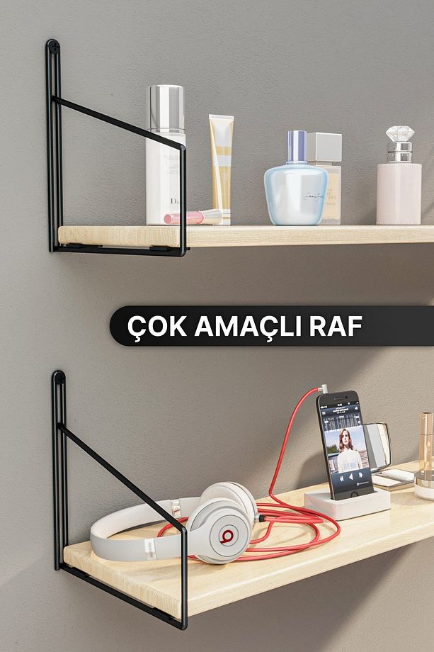 Mutfak Rafı Duvar Rafı Siyah Mat Boyalı Masif Ahşap Raf 2li Set Lüks Dekoratif Banyo Antre Rafı - 4