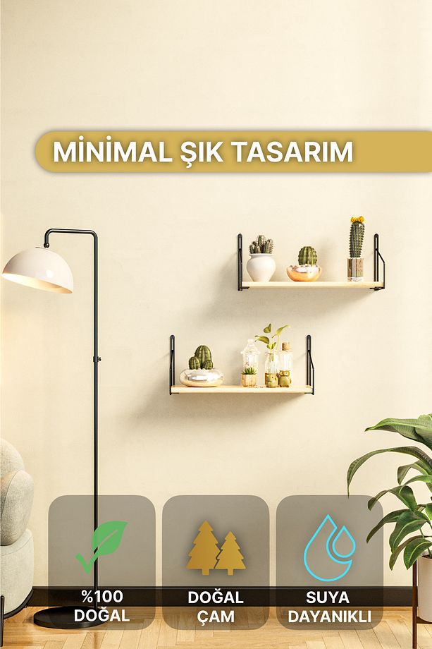 Raf Duvar Rafı Siyah Mat Boyalı Masif Ahşap Duvar Rafı 2li Set Lüks Dekoratif Banyo Mutfak Rafı - 7