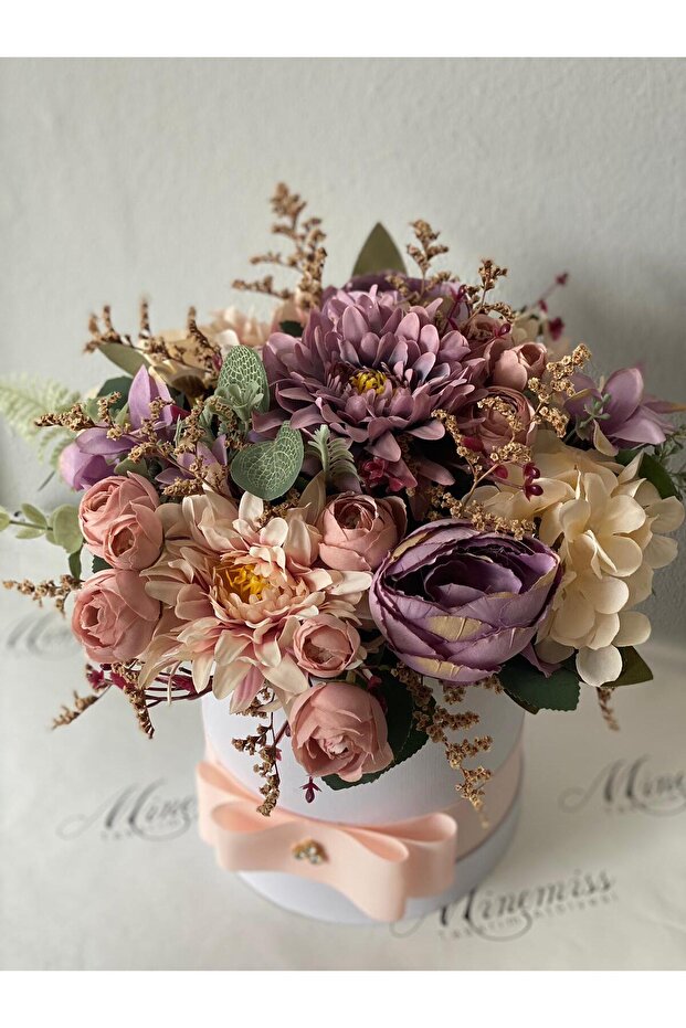 Lüks 1.Kalite Yapay Çiçek Kutusu Pembe Gül , Şakayık , Yıldız Çiçeği , Pembe Gül - 3