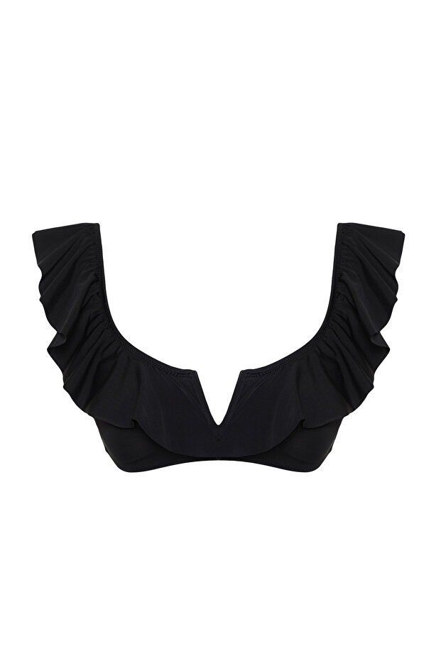 Siyah Volanlı Bralette Kaplı Bikini Üstü TBESS21BU0053 - 5