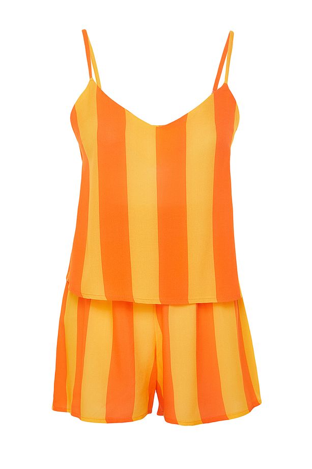 Turuncu Çizgili İp Askılı Viskon Şortlu Dokuma Pijama Takımı THMSS23PT00225 - 8
