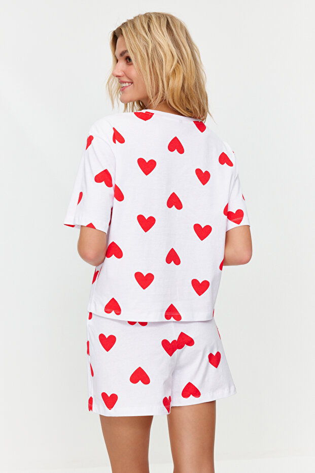 Beyaz %100 Pamuklu Kalpli Şortlu Örme Pijama Takımı THMSS24PT00029 - 7