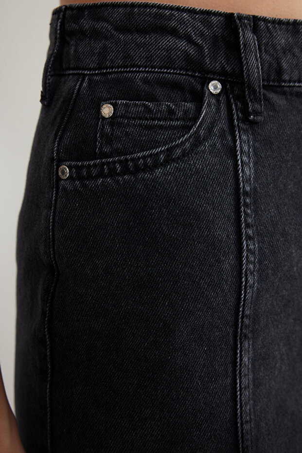 Antrasit Dikiş Detaylı Asimetrik Yüksek Bel Midi Denim Etek TWOSS24ET00081 - 6