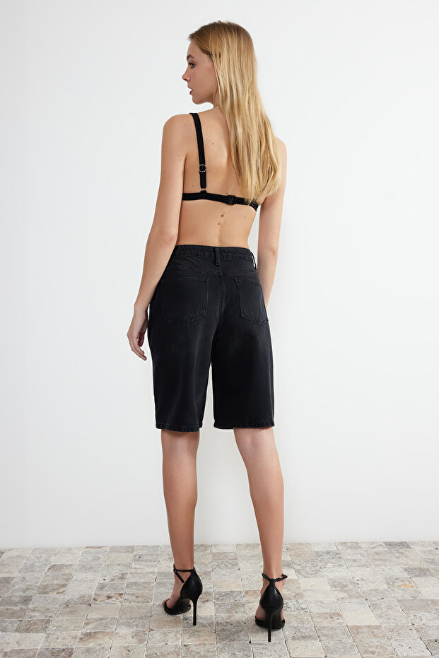 Siyah Yüksek Bel Denim Bermuda TWOSS24SR00007 - 6