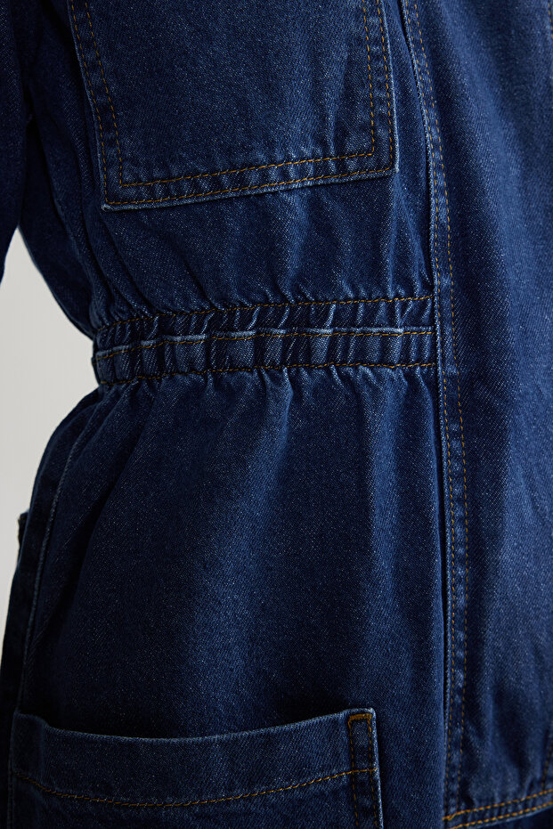 Koyu Mavi Beli Lastikli Denim Şort Tulum TWOSS24TU00017 - 5