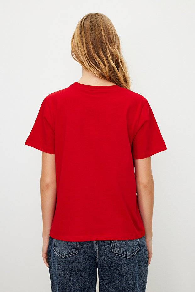 Kırmızı %100 Pamuk Basic Bisiklet Yaka Örme T-Shirt TWOSS23TS00000 - 5