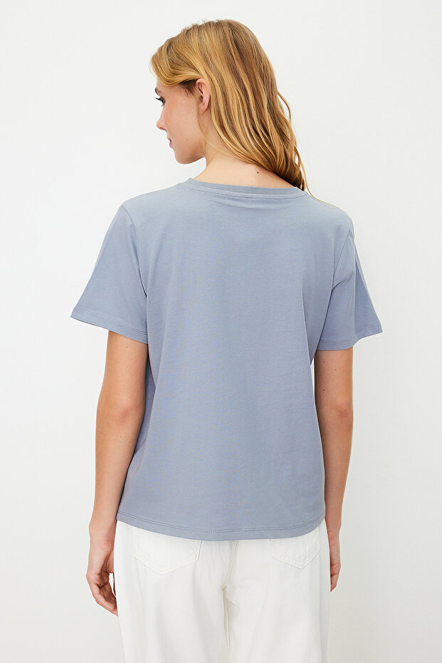 Gri %100 Pamuk Basic Bisiklet Yaka Örme T-Shirt TWOSS23TS00000 - 6