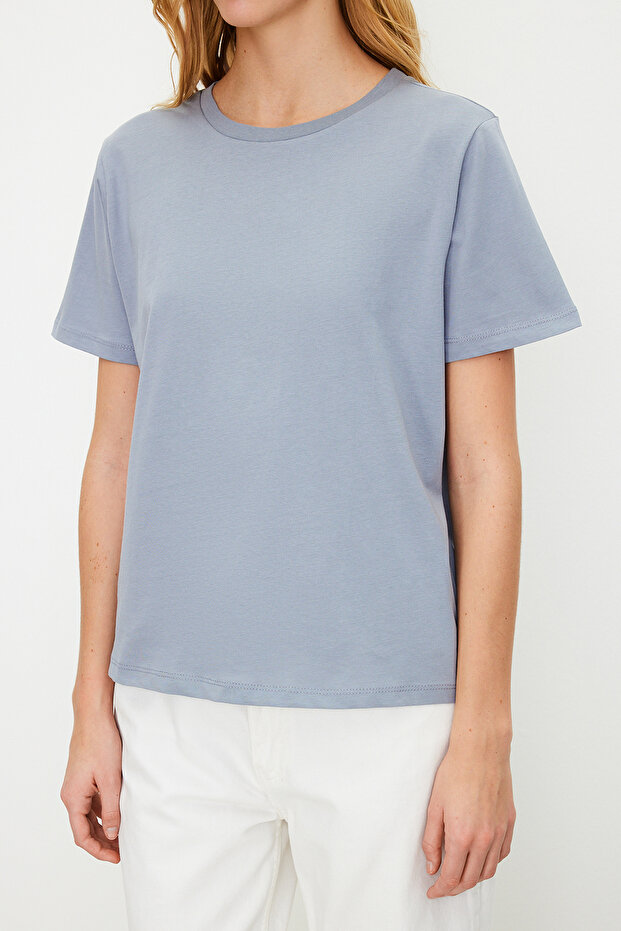 Gri %100 Pamuk Basic Bisiklet Yaka Örme T-Shirt TWOSS23TS00000 - 5