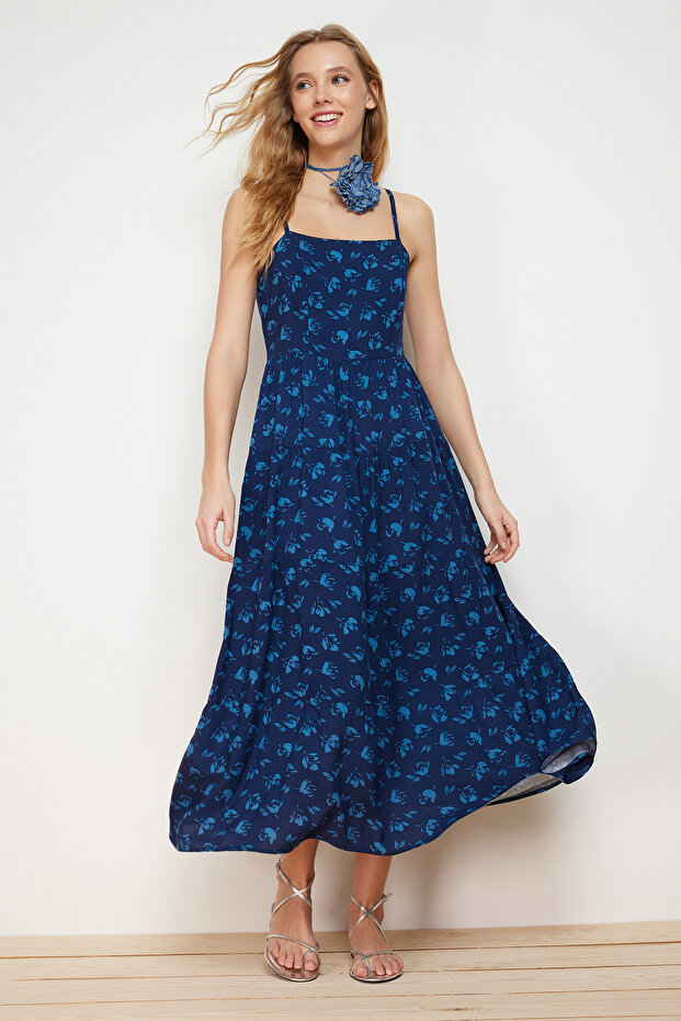 Indigo A Kesim Çiçek Desenli Boho Askılı Midi Dokuma Elbise TWOSS21EL1341 - 10