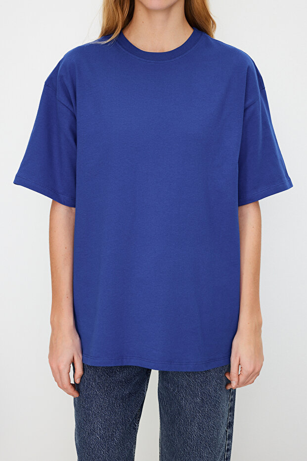 Saks %100 Kalın Pamuklu Oversize/Geniş Kalıp Bisiklet Yaka Örme T-Shirt TWOSS23TS00040 - 4