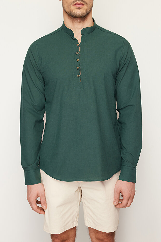 Koyu Yeşil Slim Fit Yarım Patlı Hakim Yaka %100 Pamuklu Keten Görünümlü Gömlek TMNSS20GO0097 - 2