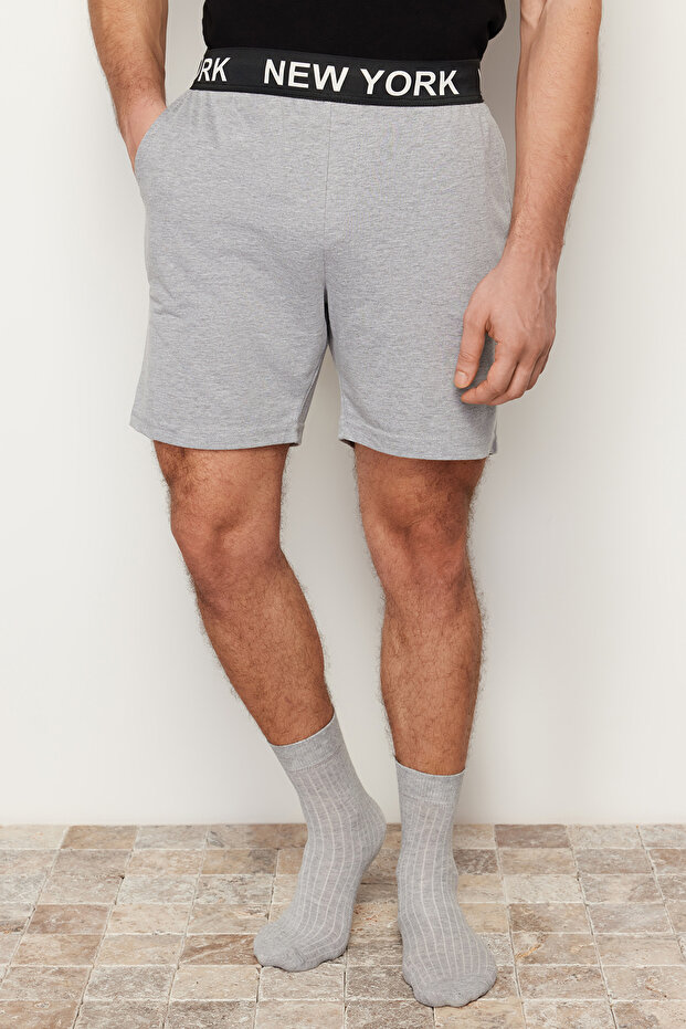 Siyah Gri Renk Bloklu Beli Lastikli Regular Fit Örme Şortlu Pijama Takımı TMNSS24PT00005 - 6
