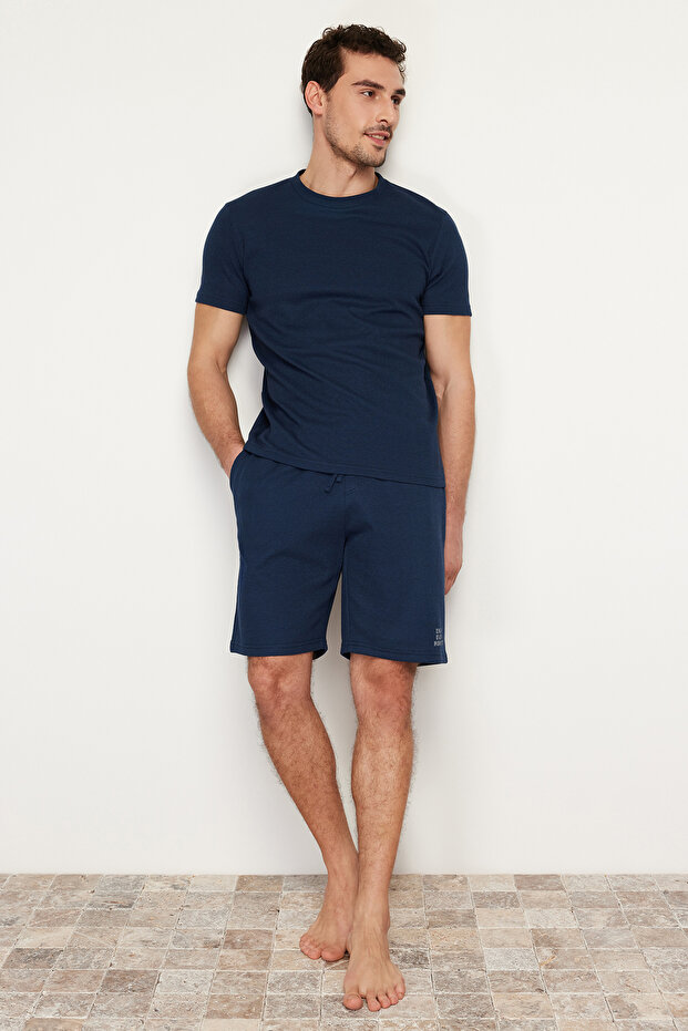 Lacivert Regular Fit Dokulu Örme Şortlu Pijama Takımı TMNSS23PT00032 - 2