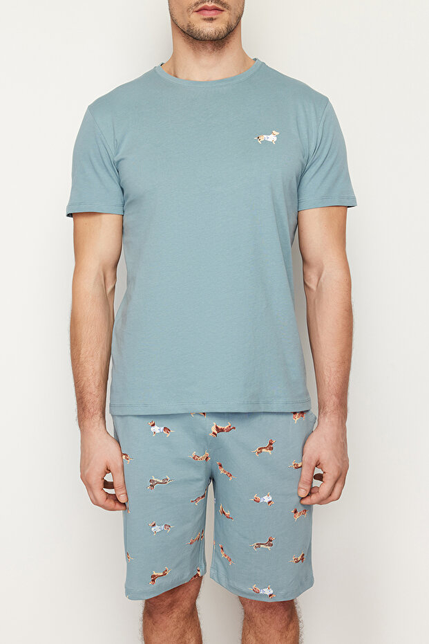 Unisex Mavi %100 Pamuk Regular Fit Baskılı Örme Şortlu Yazlık Pijama Takımı THMSS21PT0920 - 4