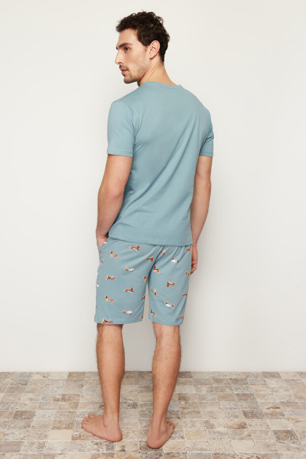 Unisex Mavi %100 Pamuk Regular Fit Baskılı Örme Şortlu Yazlık Pijama Takımı THMSS21PT0920 - 5