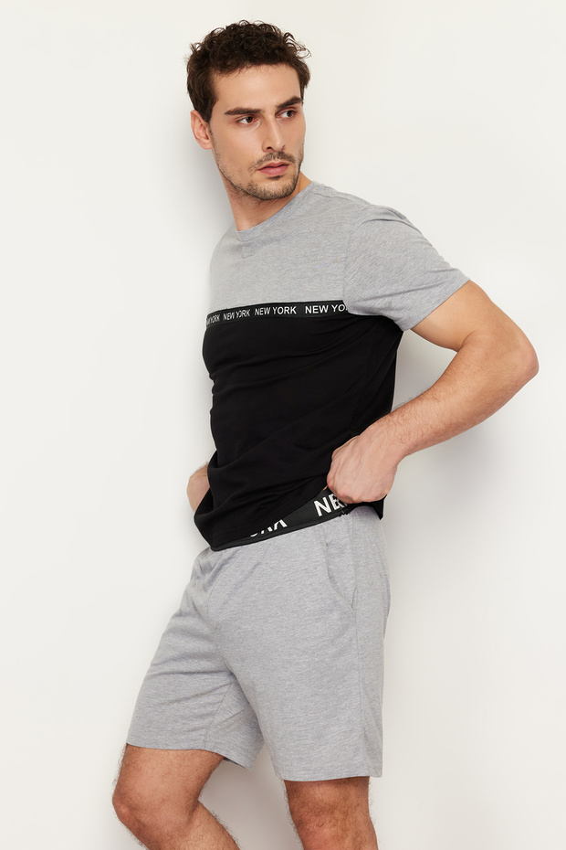 Siyah Gri Renk Bloklu Beli Lastikli Regular Fit Örme Şortlu Pijama Takımı TMNSS24PT00005 - 2