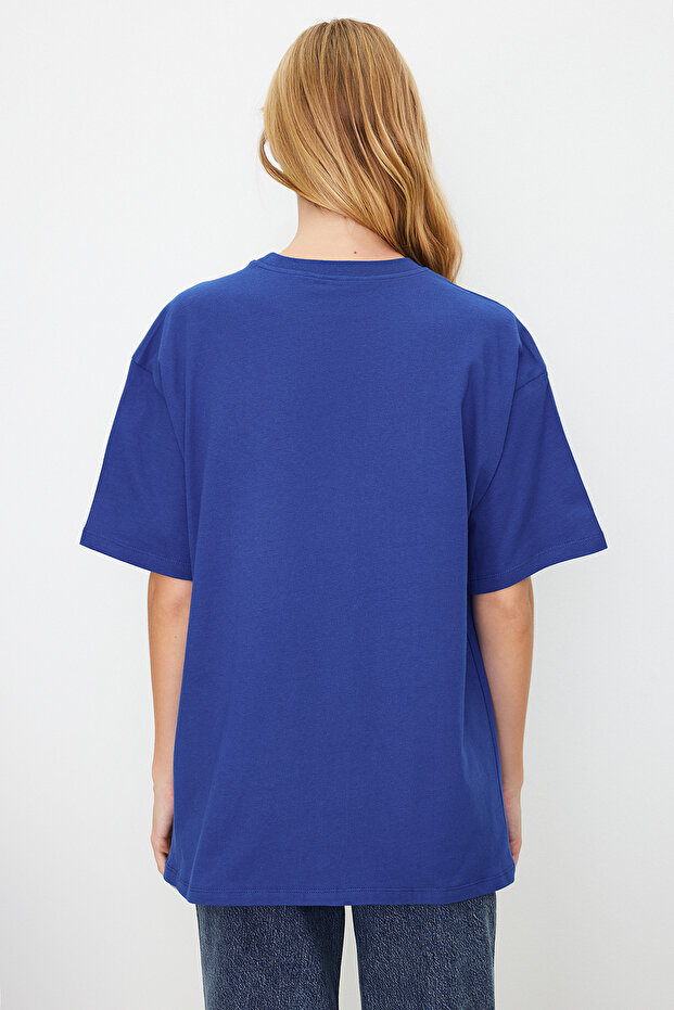 Saks %100 Kalın Pamuklu Oversize/Geniş Kalıp Bisiklet Yaka Örme T-Shirt TWOSS23TS00040 - 5