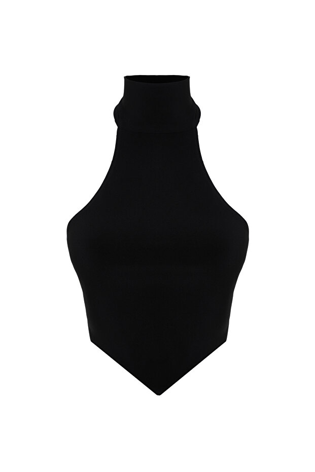 Siyah Dik Yaka Crop Sırt Detaylı Omzu Açık Örme Bluz TWOSS24BZ00203 - 7