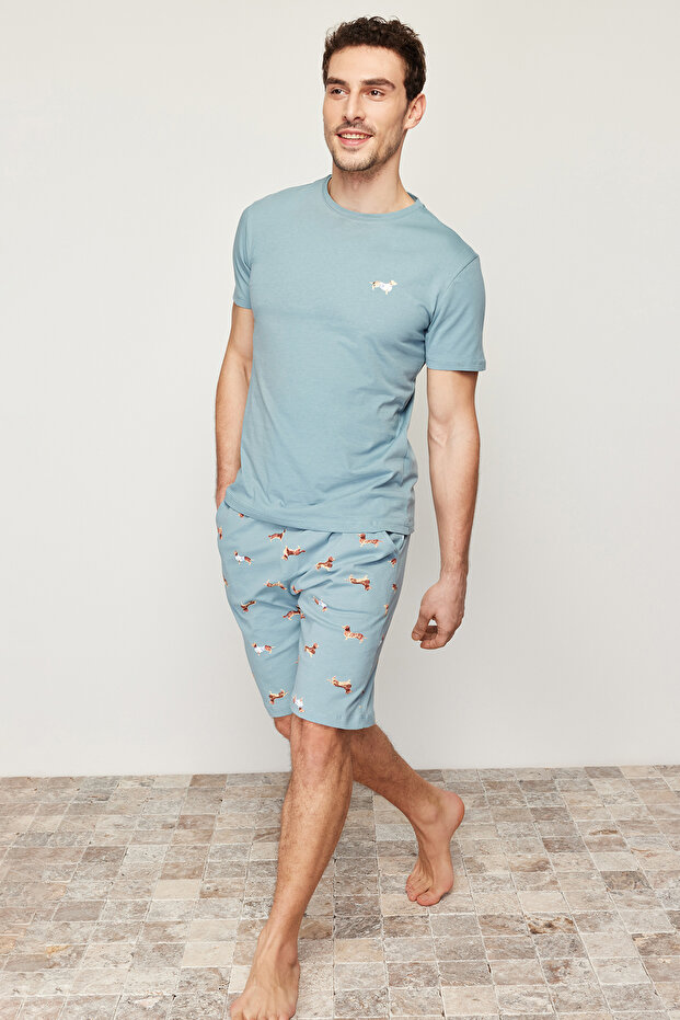 Unisex Mavi %100 Pamuk Regular Fit Baskılı Örme Şortlu Yazlık Pijama Takımı THMSS21PT0920 - 2