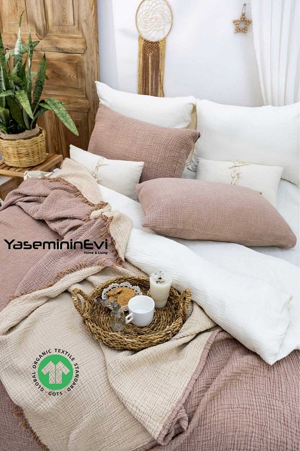 Müslin /kahve-açık Kahve / Tek Kişilik/ Yatak Örtüsü/ Pike Takımı ( 1 Yastık Kılıflı ) - 4