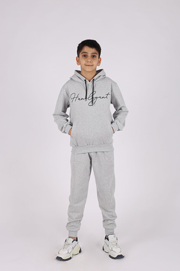 Text Detailed Kangaroo Pocket and Hooded Unisex Tracksuit Set