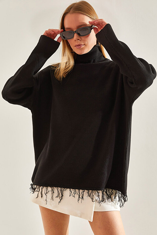 Women's Black Turtleneck Fringed Knitwear Blouse Stk312