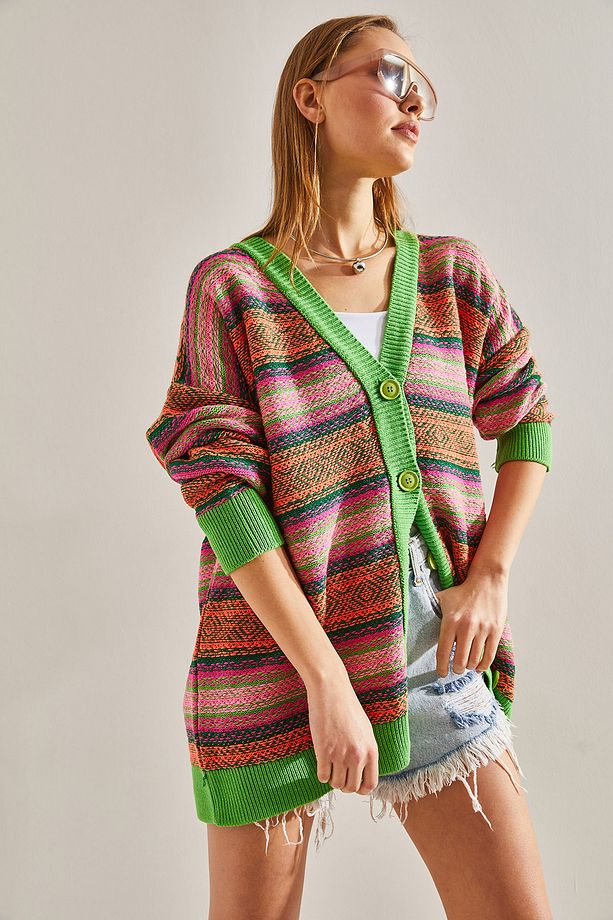 Kadın Multi Desenli Oversize Triko Hırka - 4