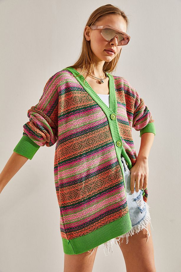 Kadın Multi Desenli Oversize Triko Hırka - 3