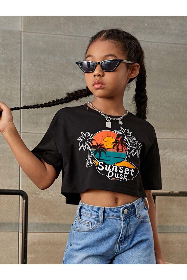 Children's Sunset Printed Cotton Crew Neck Oversize Crop T-shirt