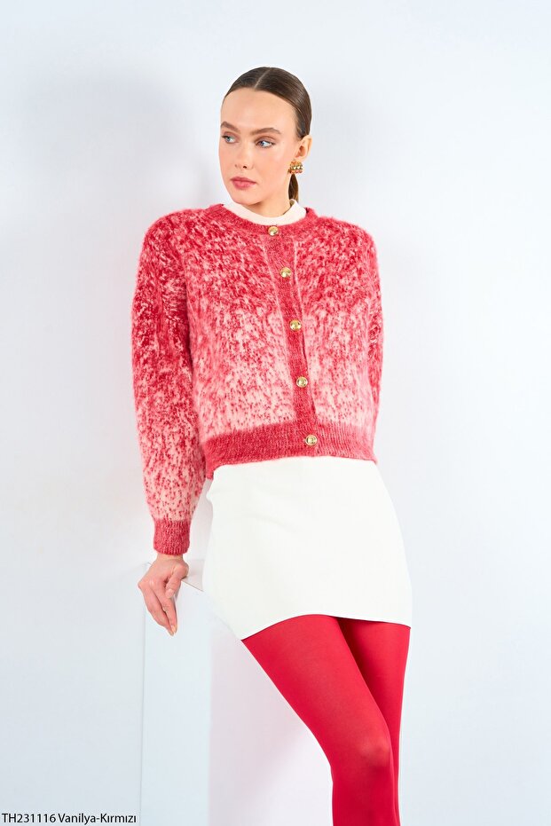 Women's Dark Red Patterned Crew Neck Striped Gold Buttoned Soft Feather Oversize Cardigan