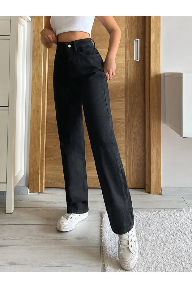 Girl's Black Lycra Super High Waist Loose Leg Jeans