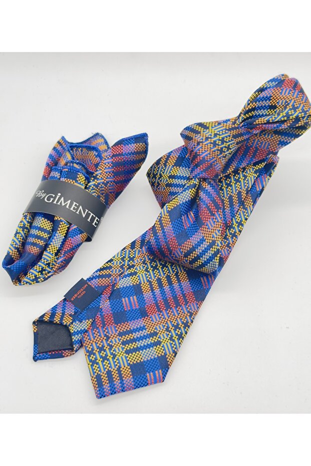 Navy Blue Plaid Slim Tie with Handkerchief