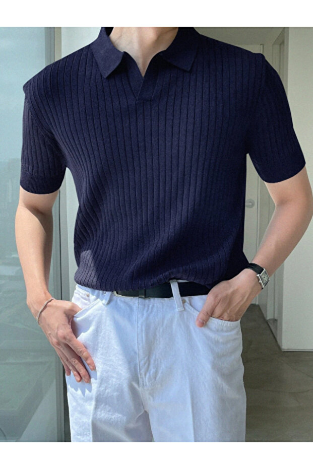 Navy Blue Men's Ribbed Polo Collar Knitwear T-Shirt