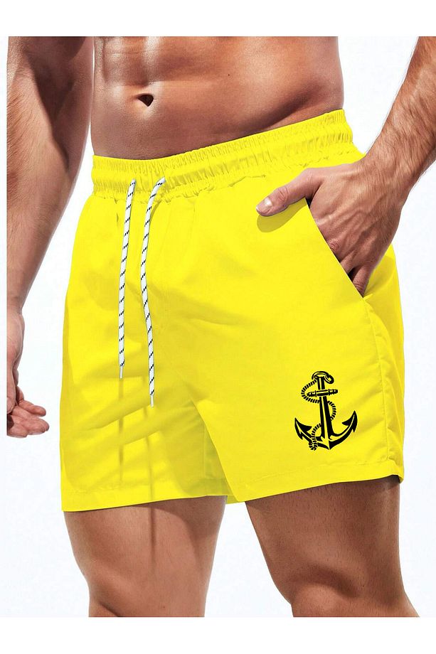 Sarı Erkek Çapa Baskılı Basic Standart Boy Mayo Deniz Şortu - 1