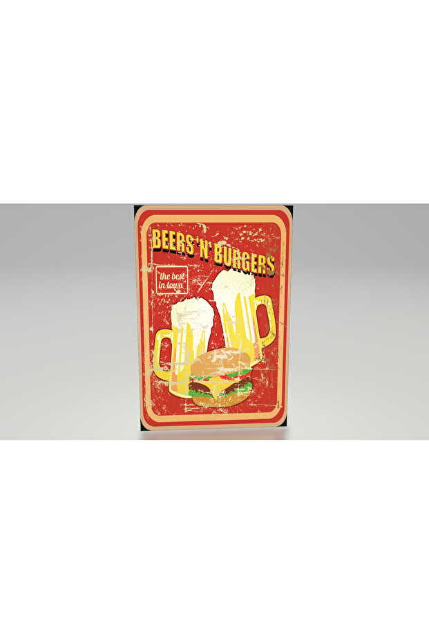 Distressed Nostalgic Beer Hamburger Restaurant Cafe Bar Kitchen Decor Tin Sign Retro Wooden Poster