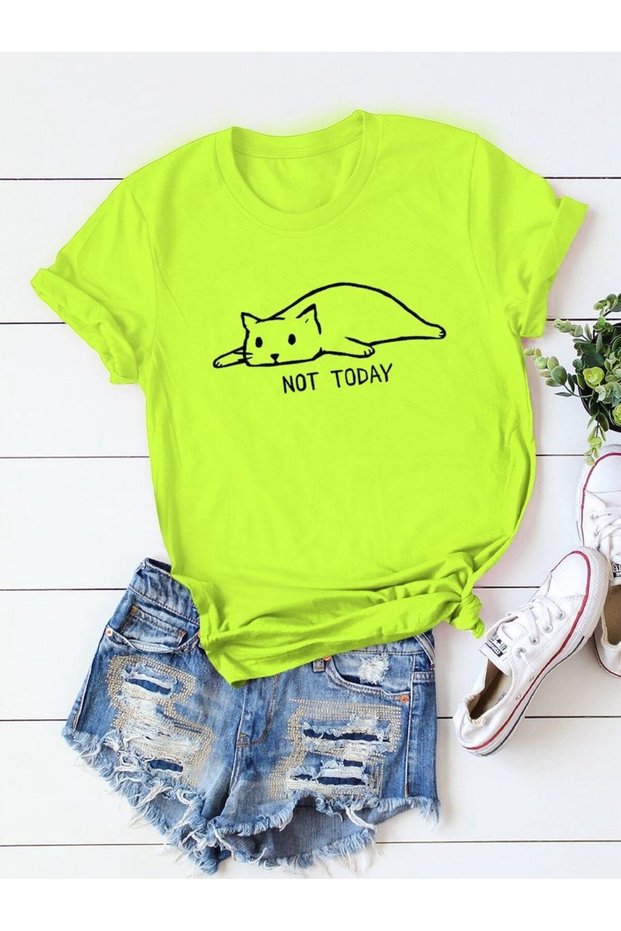 Girl's Not Today Cat Printed Neon Green Kids T-Shirt