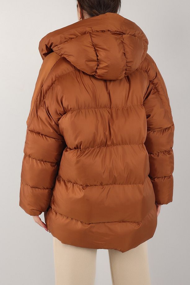 Kapüşonlu,uzun Versiyon,çift Cepli Oversize Bej Rengi Şime Mont - 4