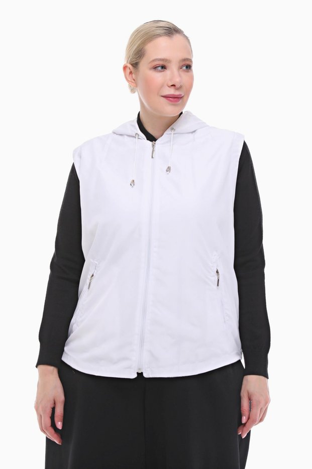 Women's Large Size Hooded White Fleece Vest 1026