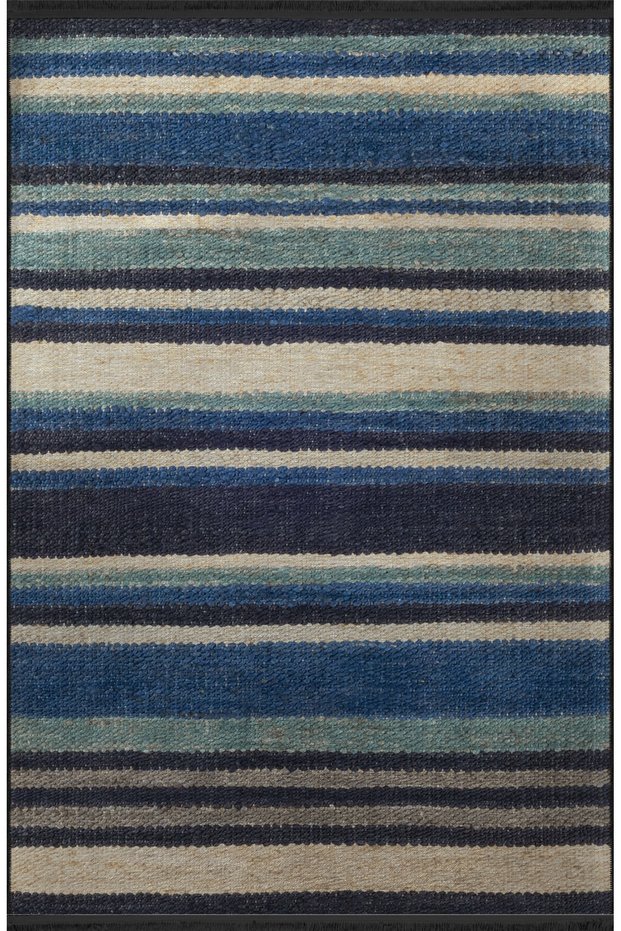 Blue Themed Stripe Line Patterned Fringed Modern Decorative Carpet 3151