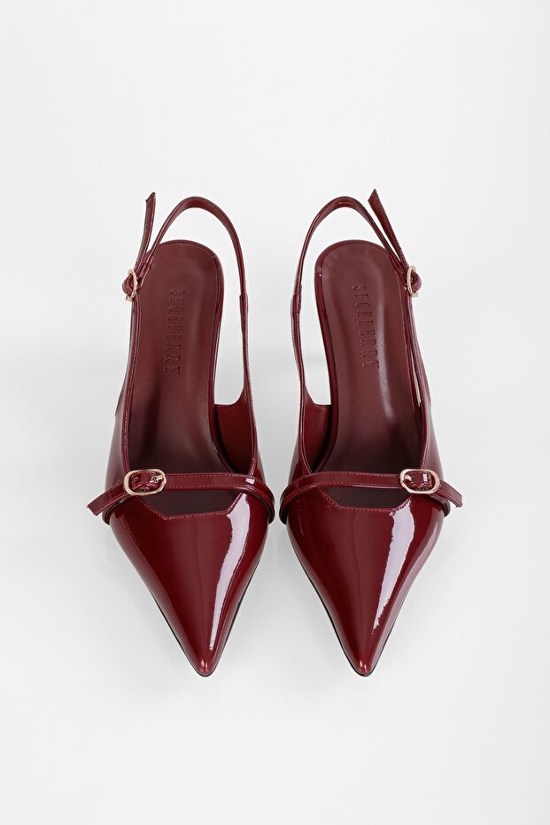 Women's Royal Claret Red Patent Leather Belted Buckle Pointed Stiletto