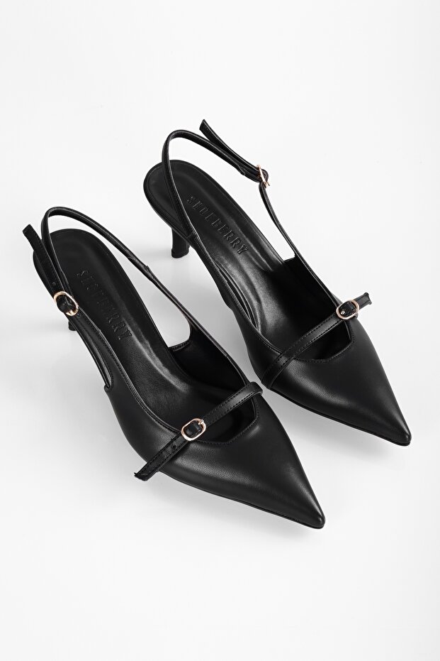 Women's Royal Black Leather Belt Buckle Pointed Stiletto
