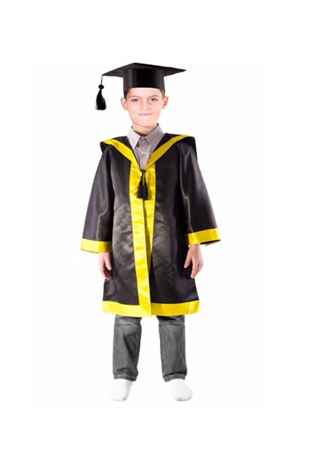 unisex black yellow children's graduation suit with cap and coat yellow strip