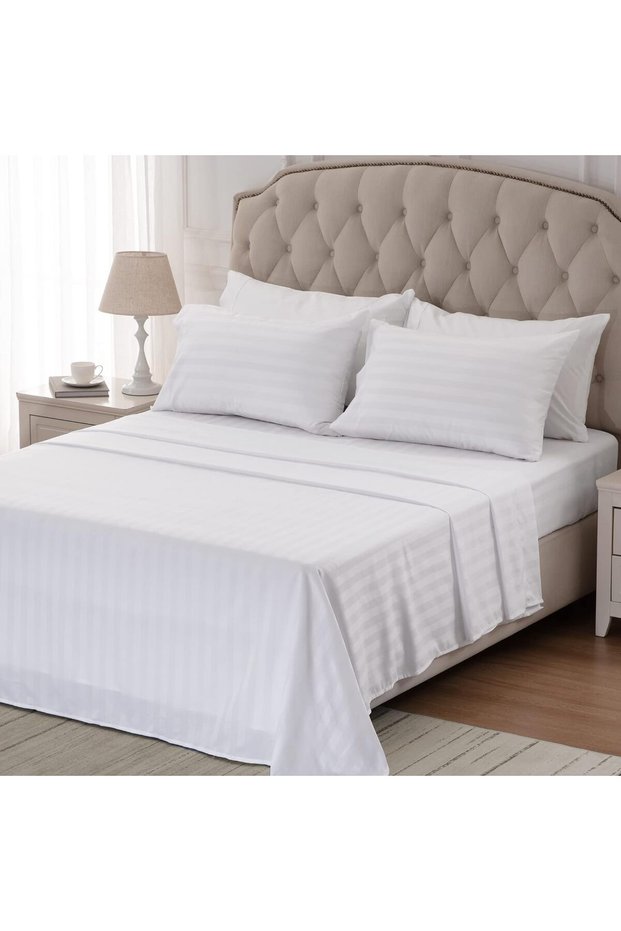 Striped Cotton Satin Double Duvet Cover Set with Elastic Sheets Hotel White Colored Cotton Luxury