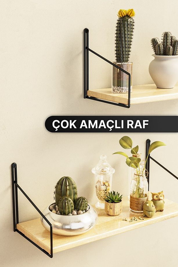 Raf Duvar Rafı Siyah Mat Boyalı Masif Ahşap Duvar Rafı 2li Set Lüks Dekoratif Banyo Mutfak Rafı - 6