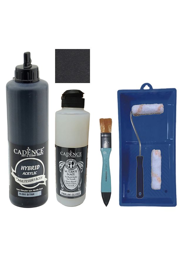 Mobilya Boyası-Cadence Multisurface H-060 Siyah 500Ml Ultimate Vernik Parlak 250Ml Saten Rulo Set - 1
