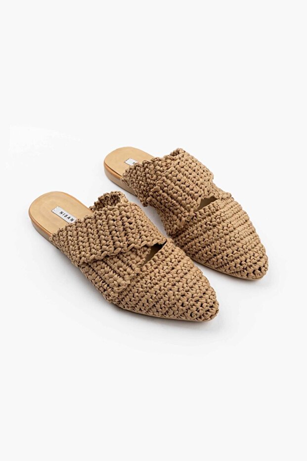 Laila Tan Knitted Cross Band Detail női papucs - 3