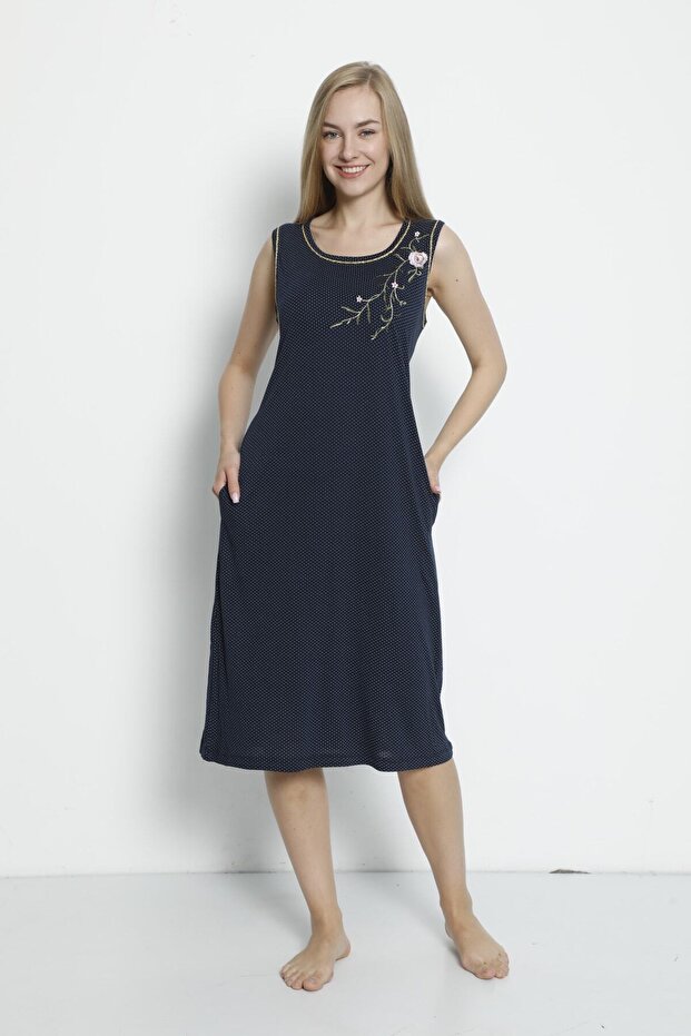 Polka Dot Embroidery Detailed Pocket Viscose Strap Dress
